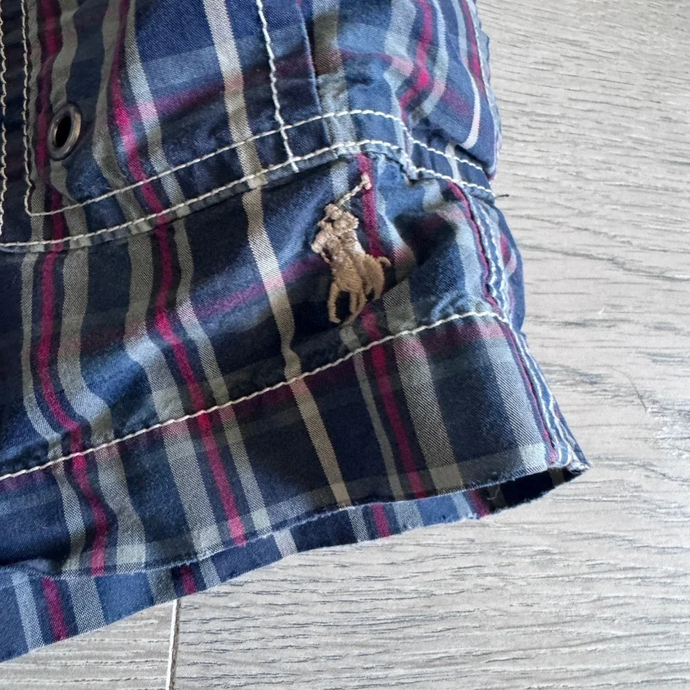 Y2K Polo Ralph Lauren Plaid Cargo Board Shorts Mens 28 Navy Blue Red Swim Trunks